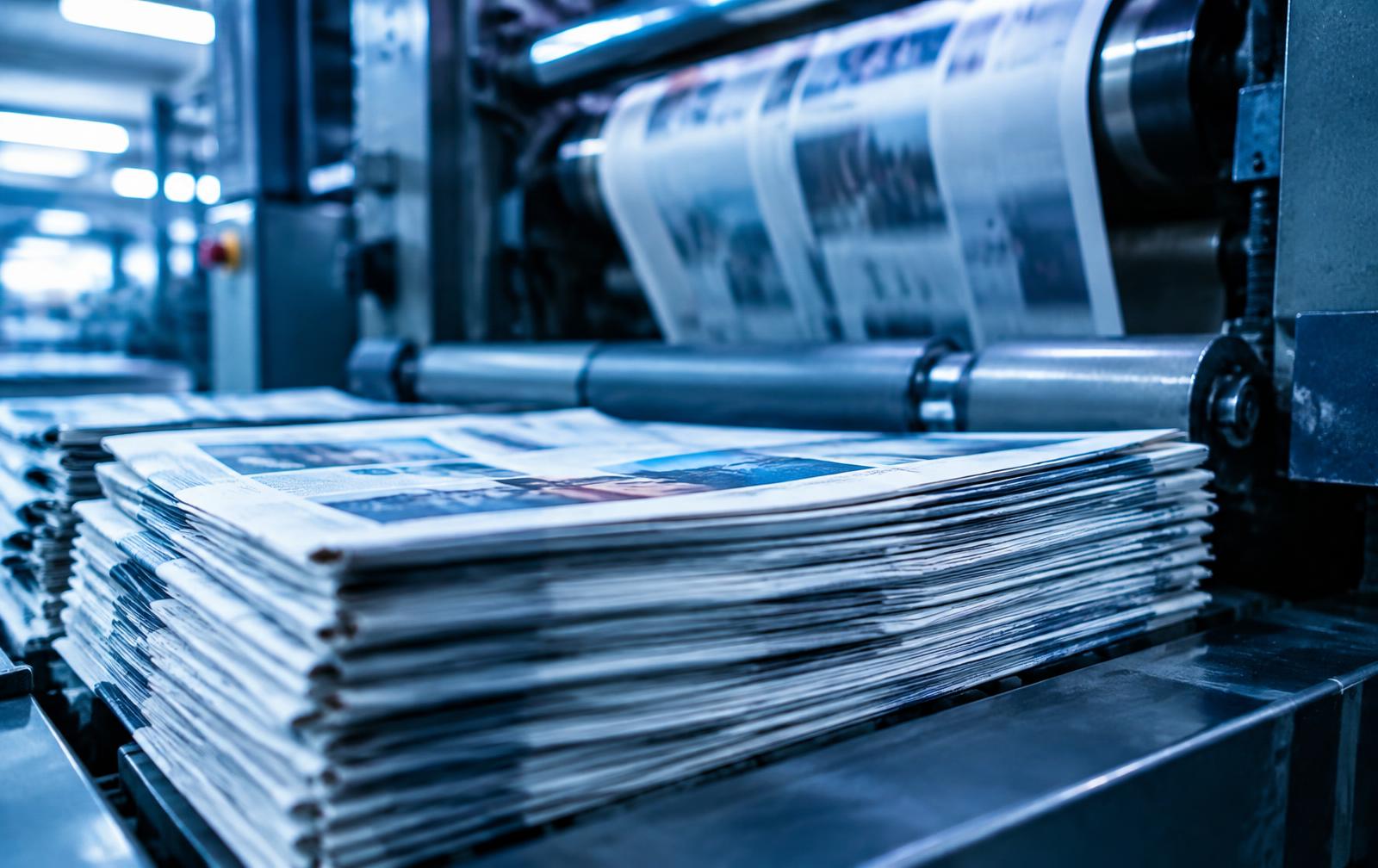 Freshly printed newspapers stacked beside a printing press